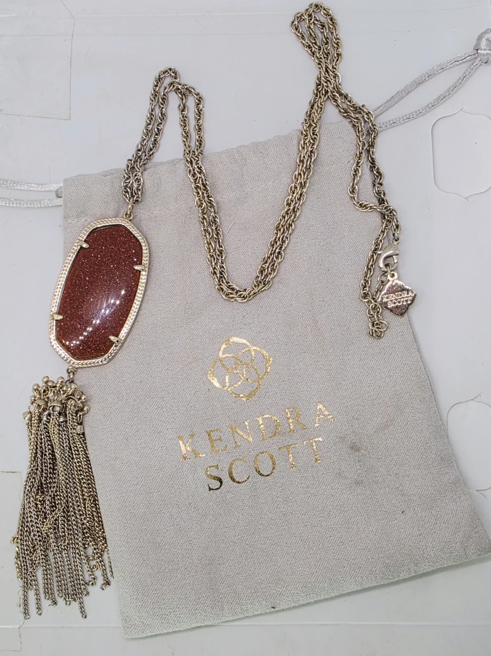 Kendra Scott Rayne Long Tassel Pendant Necklace Gold Tone Goldstone Sparkle